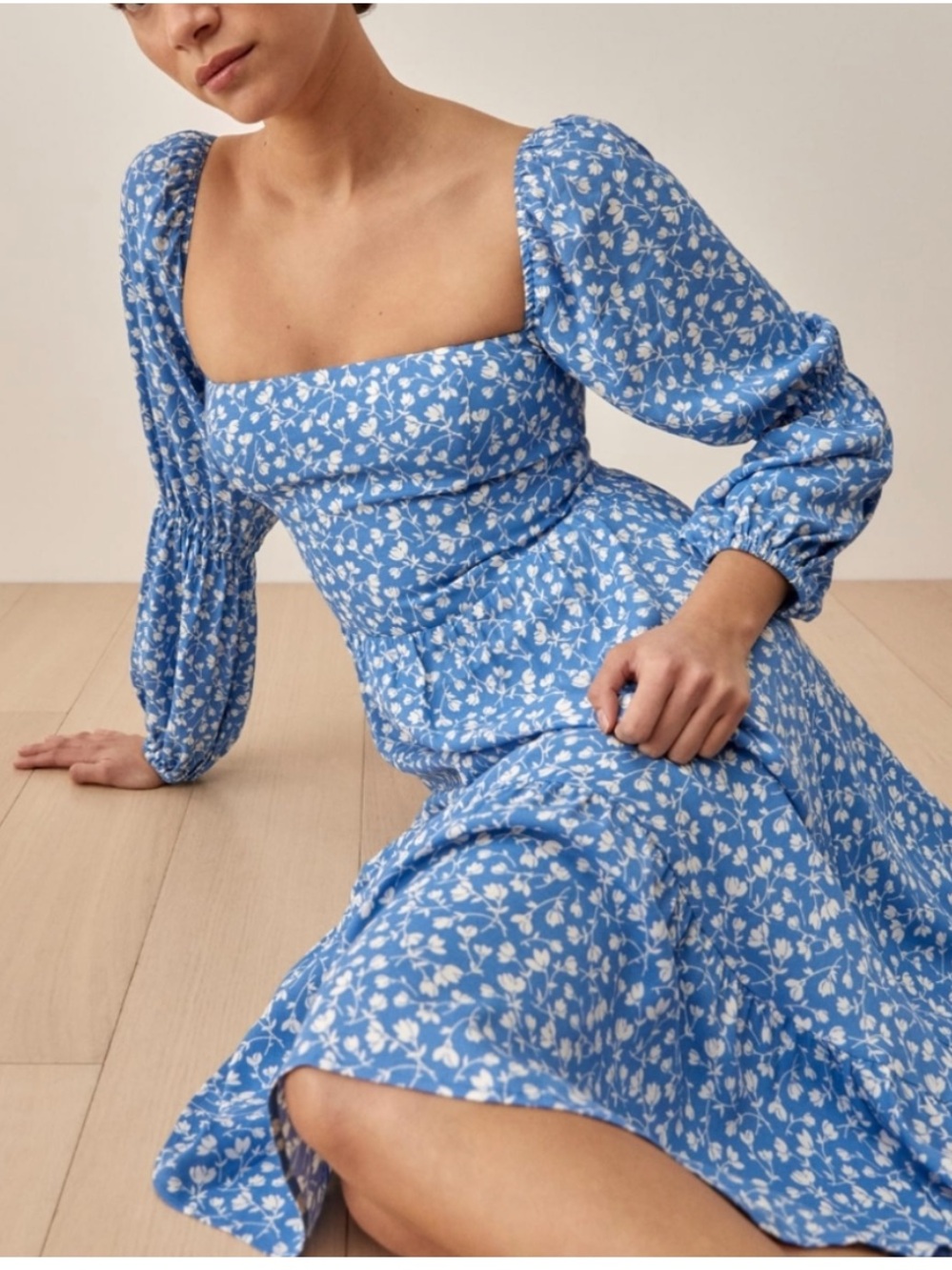 Reformation Mica ES Floral Marie Square Neck Midi Dress Blue Size 12 - Picture 1 of 14